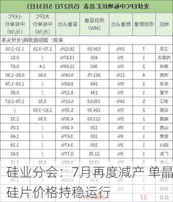 硅业分会：7月再度减产 单晶硅片价格持稳运行