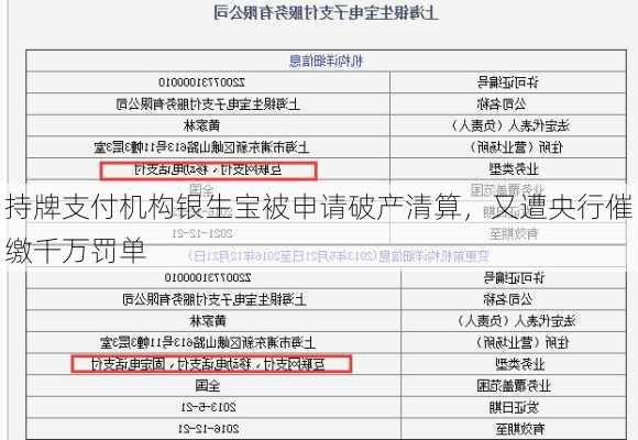 持牌支付机构银生宝被申请破产清算，又遭央行催缴千万罚单