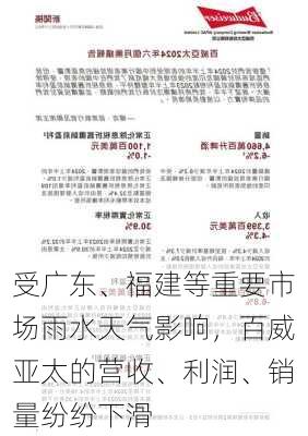 受广东、福建等重要市场雨水天气影响，百威亚太的营收、利润、销量纷纷下滑