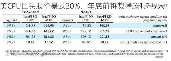 美CPU巨头股价暴跌20%，年底前将裁掉超1.7万人