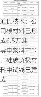 道氏技术：公司碳材料已形成6.5万吨导电浆料产能，硅碳负极材料中试线已建成