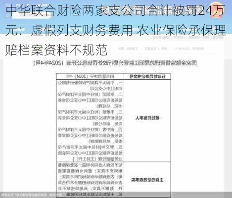 中华联合财险两家支公司合计被罚24万元：虚假列支财务费用 农业保险承保理赔档案资料不规范