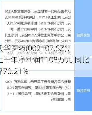 沃华医药(002107.SZ)：上半年净利润1108万元 同比下降70.21%