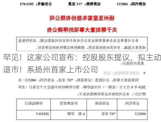 罕见！这家公司宣布：控股股东提议，拟主动退市！系扬州首家上市公司