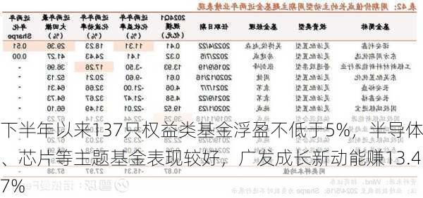 下半年以来137只权益类基金浮盈不低于5%，半导体、芯片等主题基金表现较好，广发成长新动能赚13.47%