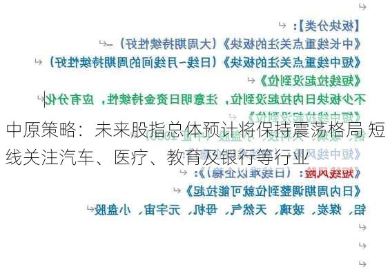 中原策略：未来股指总体预计将保持震荡格局 短线关注汽车、医疗、教育及银行等行业