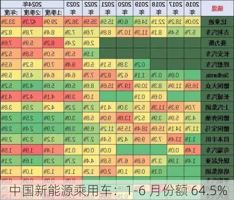 中国新能源乘用车：1-6 月份额 64.5%