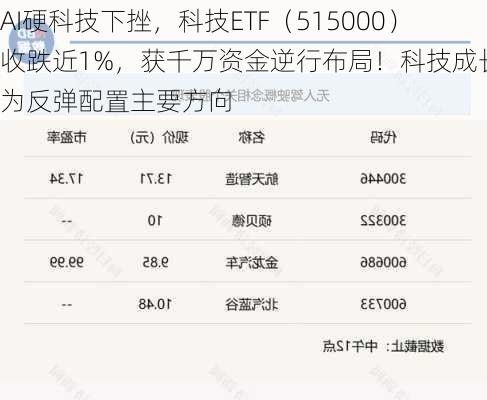 AI硬科技下挫，科技ETF（515000）收跌近1%，获千万资金逆行布局！科技成长或为反弹配置主要方向