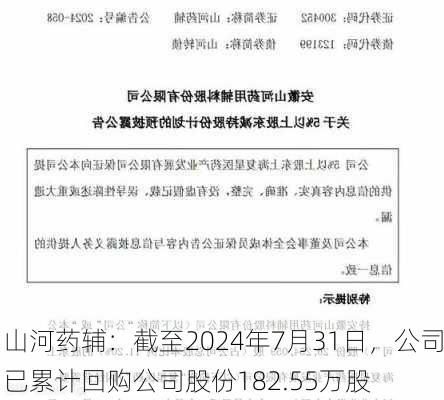 山河药辅：截至2024年7月31日，公司已累计回购公司股份182.55万股