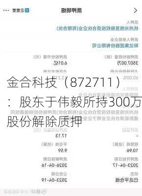 金合科技（872711）：股东于伟毅所持300万股份解除质押