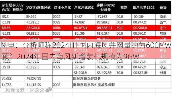 风电：分析师称2024H1国内海风并网量约为600MW 预计2024年国内海风新增装机规模为9GW