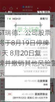 ST瑞德：公司股票将于8月19日停牌1天 8月20日复牌并撤销其他风险警示