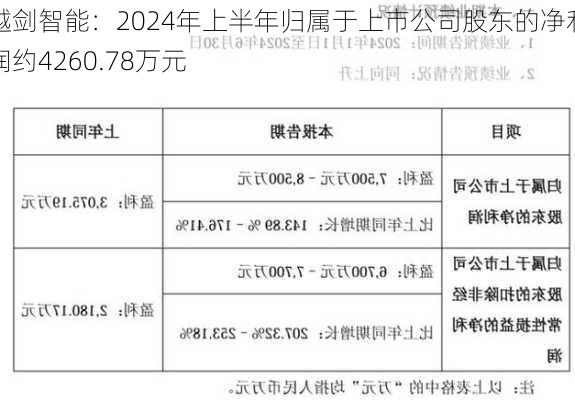 越剑智能：2024年上半年归属于上市公司股东的净利润约4260.78万元