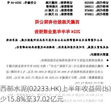 西部水泥(02233.HK)上半年收益同比减少15.8%至37.02亿元