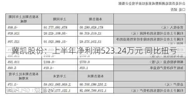 冀凯股份：上半年净利润523.24万元 同比扭亏