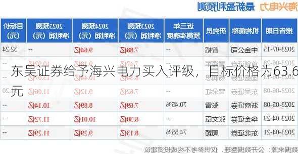 东吴证券给予海兴电力买入评级，目标价格为63.6元