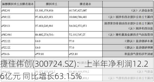 捷佳伟创(300724.SZ)：上半年净利润12.26亿元 同比增长63.15%