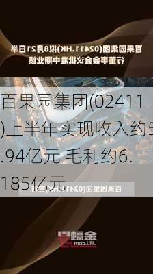 百果园集团(02411)上半年实现收入约55.94亿元 毛利约6.185亿元