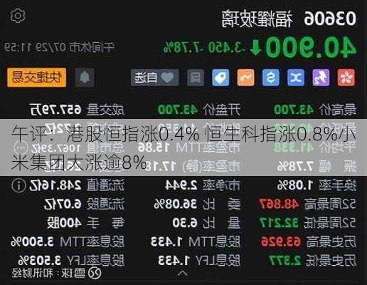 午评：港股恒指涨0.4% 恒生科指涨0.8%小米集团大涨逾8%