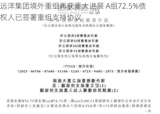 远洋集团境外重组再获重大进展 A组72.5%债权人已签署重组支持协议