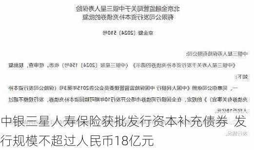 中银三星人寿保险获批发行资本补充债券  发行规模不超过人民币18亿元