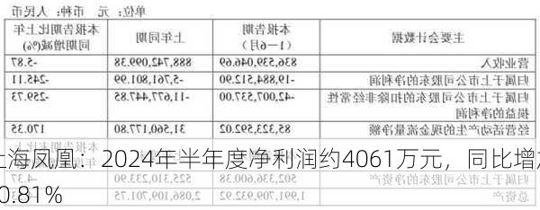 上海凤凰：2024年半年度净利润约4061万元，同比增加60.81%