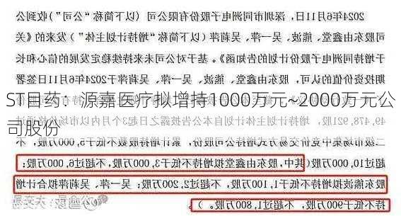 ST目药：源嘉医疗拟增持1000万元~2000万元公司股份