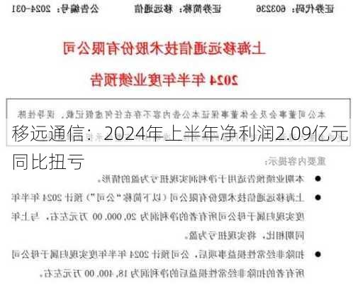 移远通信：2024年上半年净利润2.09亿元 同比扭亏