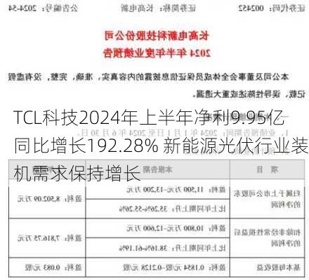 TCL科技2024年上半年净利9.95亿同比增长192.28% 新能源光伏行业装机需求保持增长