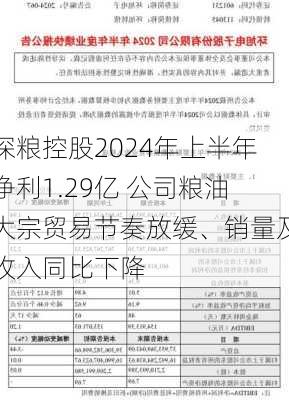 深粮控股2024年上半年净利1.29亿 公司粮油大宗贸易节奏放缓、销量及收入同比下降