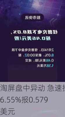 淘屏盘中异动 急速拉升6.55%报0.579美元