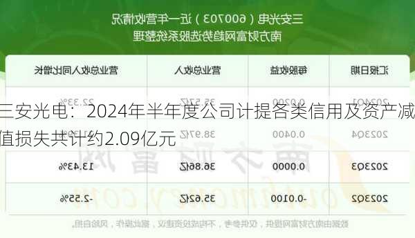 三安光电：2024年半年度公司计提各类信用及资产减值损失共计约2.09亿元