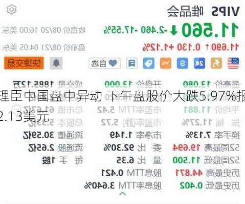 理臣中国盘中异动 下午盘股价大跌5.97%报2.13美元