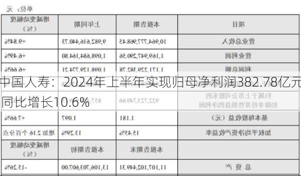 中国人寿：2024年上半年实现归母净利润382.78亿元 同比增长10.6%