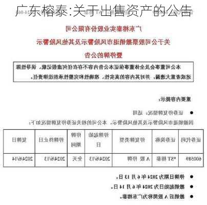 广东榕泰:关于出售资产的公告