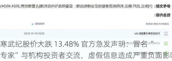 寒武纪股价大跌 13.48% 官方急发声明：冒名“专家”与机构投资者交流，虚假信息造成严重负面影响