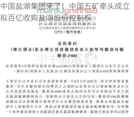 中国盐湖集团来了！中国五矿牵头成立 拟百亿收购盐湖股份控制权