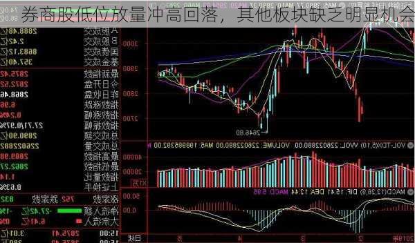 券商股低位放量冲高回落，其他板块缺乏明显机会