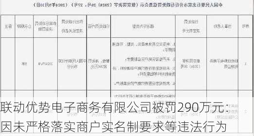 联动优势电子商务有限公司被罚290万元：因未严格落实商户实名制要求等违法行为