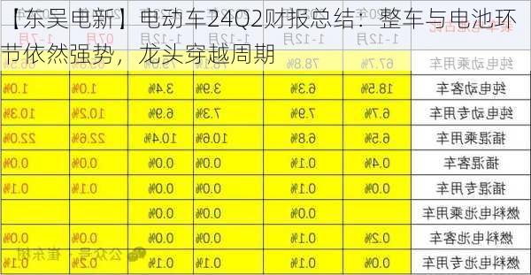 【东吴电新】电动车24Q2财报总结：整车与电池环节依然强势，龙头穿越周期