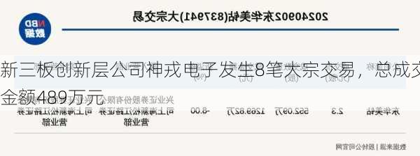 新三板创新层公司神戎电子发生8笔大宗交易，总成交金额489万元