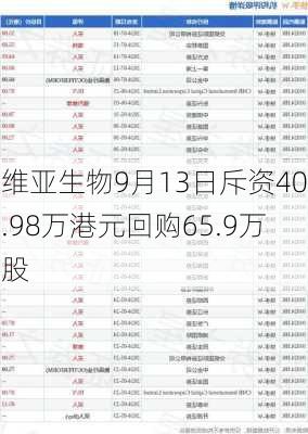 维亚生物9月13日斥资40.98万港元回购65.9万股