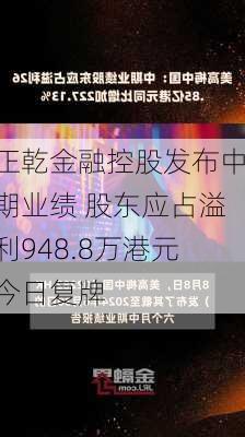 正乾金融控股发布中期业绩 股东应占溢利948.8万港元今日复牌