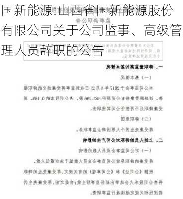 国新能源:山西省国新能源股份有限公司关于公司监事、高级管理人员辞职的公告