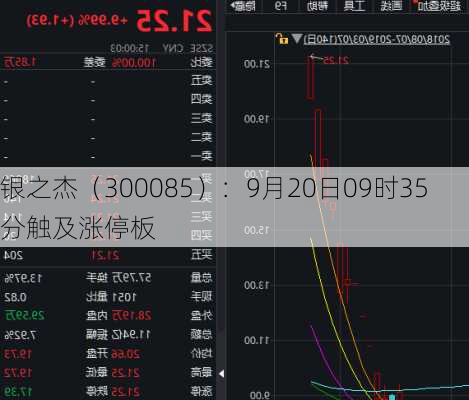 银之杰（300085）：9月20日09时35分触及涨停板