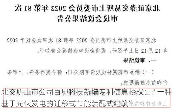 北交所上市公司百甲科技新增专利信息授权：“一种基于光伏发电的迁移式节能装配式建筑”