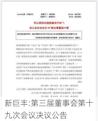 新巨丰:第三届董事会第十九次会议决议公告