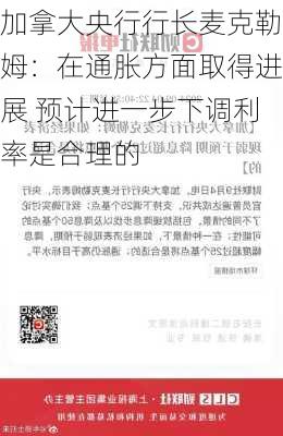 加拿大央行行长麦克勒姆：在通胀方面取得进展 预计进一步下调利率是合理的