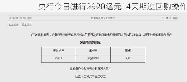 央行今日进行2920亿元14天期逆回购操作