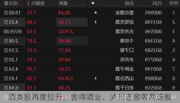 酒类股再度拉升，舍得酒业、泸州老窖等两连板